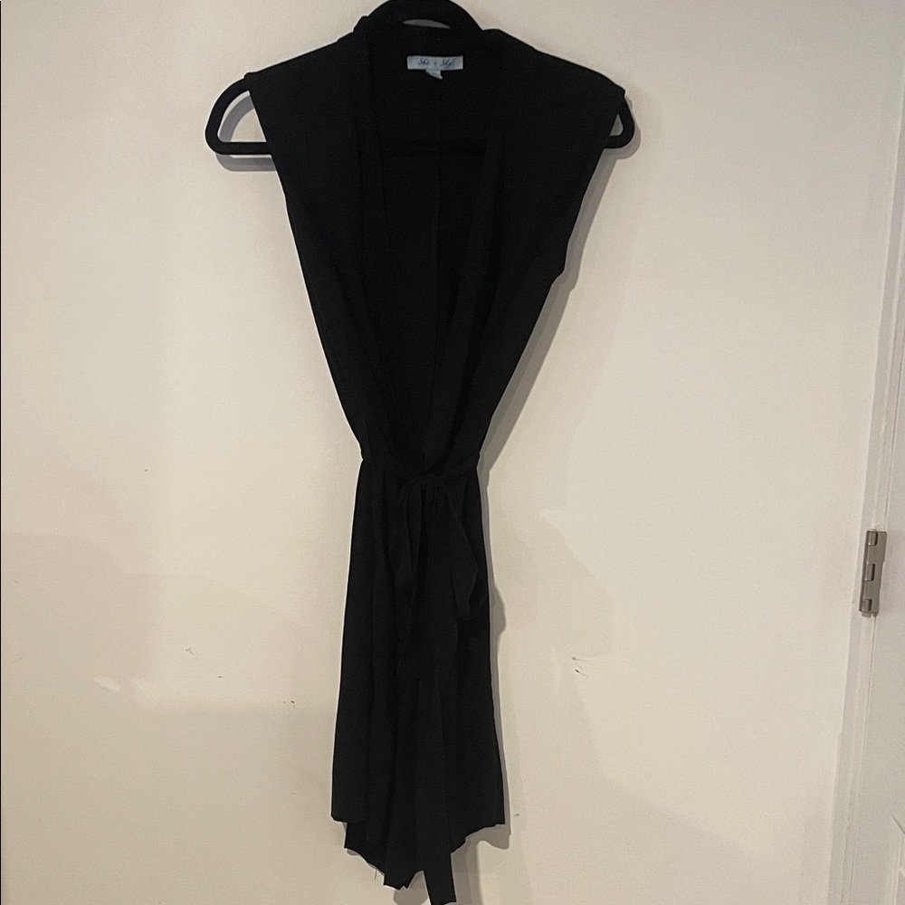 She + Sky Elegant Black Sleeveless Tie Cardigan Sz S